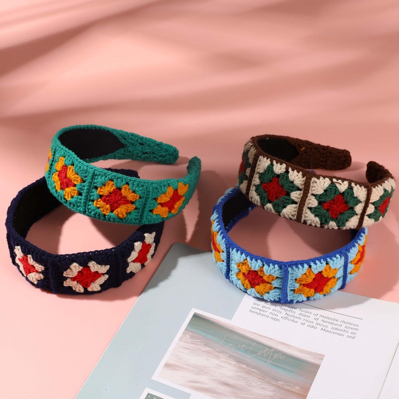 YOOJEE Crochet Headband for Women, Handmade Sunflower & Checkered Hair Accessories, Stretchable Boho Hair Band (Red-Royal Blue, Checkered) - Image 3